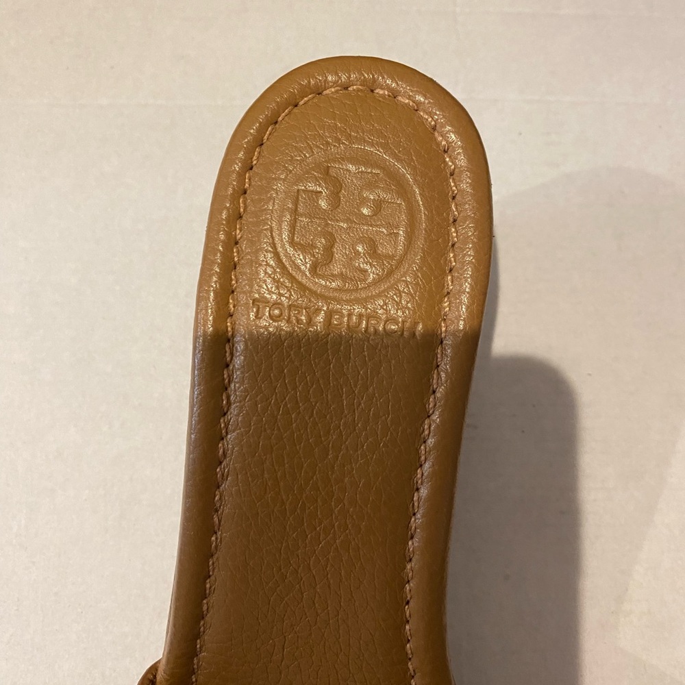 Authentic TORY BURCH Miller Tan & Gold Wedge Leather Sandals Heels SZ 8 1/2 US - Picture 10 of 14